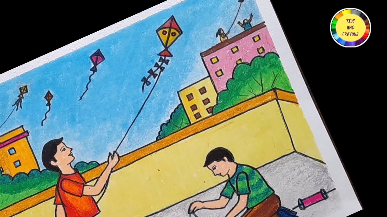 Makar Sankranti Special Drawing | How To Draw Kite Flying | Kite Festival Drawing | Makar Sankranti
