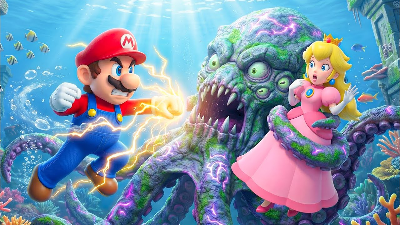 Mario E A Batalha Contra O Monstro Polvo Gigante No Mar Para Resgatar A Princesa