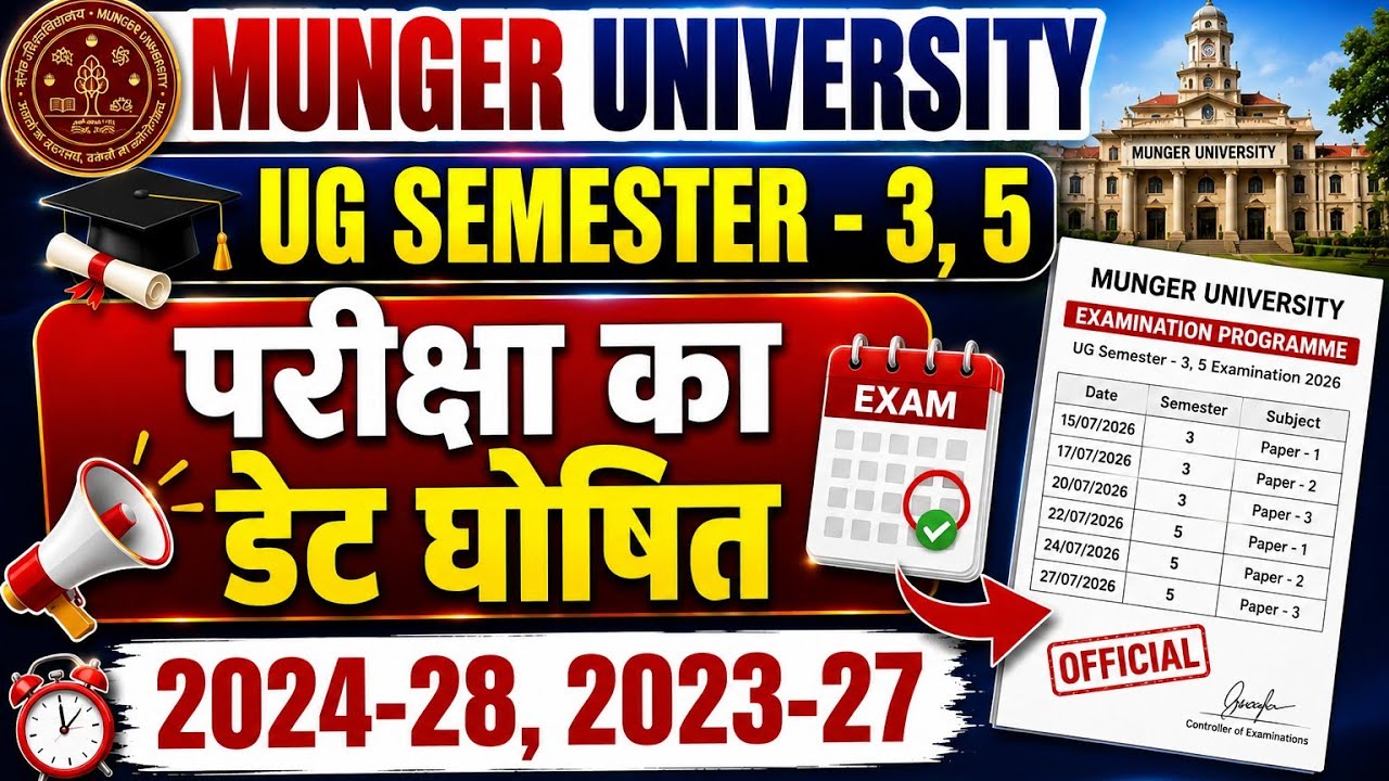 Munger University UG Semester 3 & Semester 5 Session 2024-28, 2023-27 Exam Date Announced