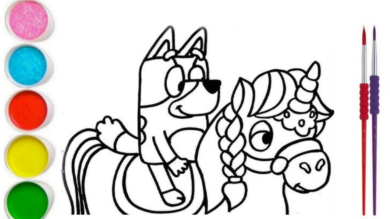 Draw and Color Bluey  Riding A Unicorn  Easy      🐶🦄🌈 Drawings For Kids