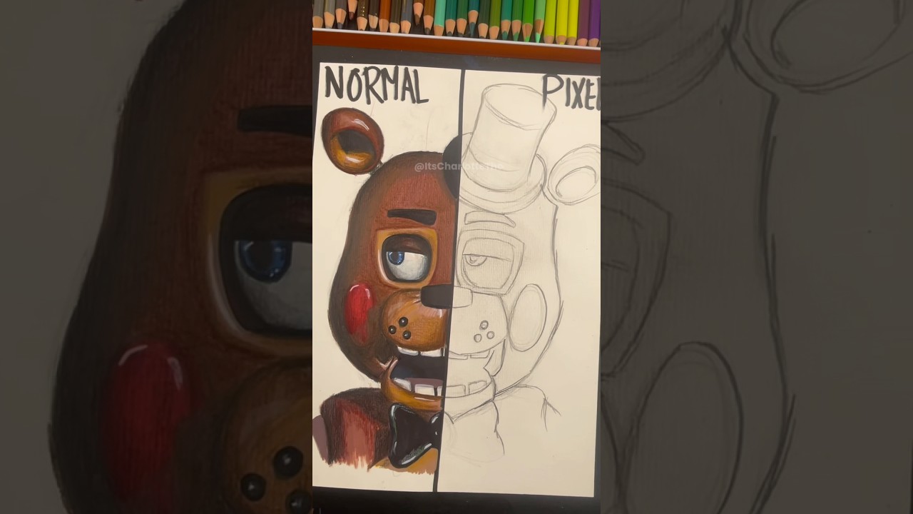 😱Drawing FNAF Freddy but Normal vs Pixel version!?👽 #shorts #art #fnaf