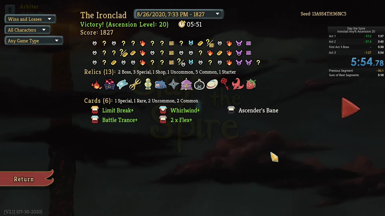 Slay the Spire: Ascension 20 Ironclad Any% in 5:54