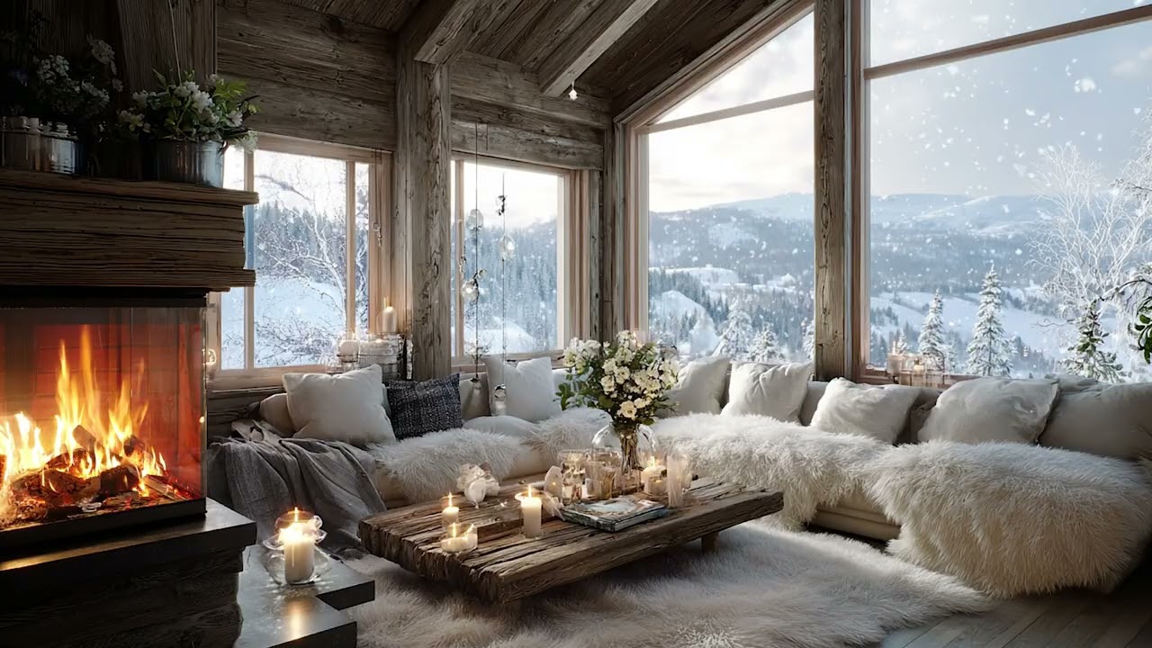 Winter Piano Lounge Ambience | White Flowers and Fireplace Glow 3 Hours Calm