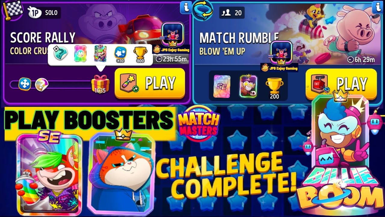 Play 2 Boosters/ Color Crush Solo Challenge Score Rally 1635 Score/ Blow 'Em Up Match Rumble