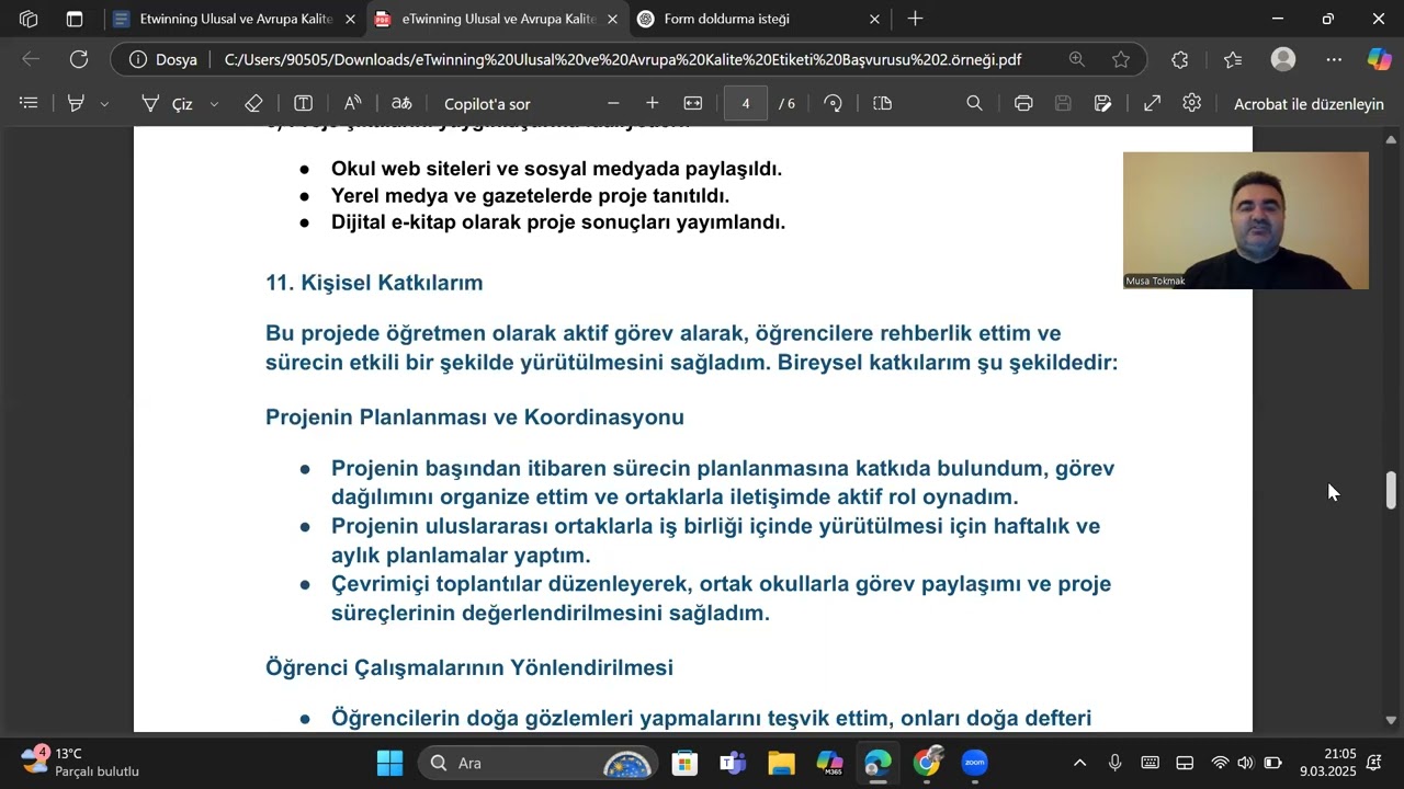 etwinning Projesi Ulusal ve Avrupa Kalite Etiketi Başvurusu Örneği