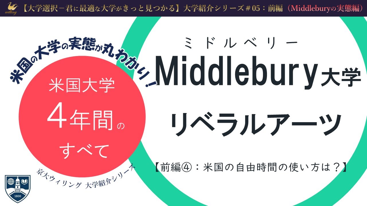 【アメリカの大学生に聞いてみた①-4】アメリカの大学生の自由時間の使い方は？部活やアルバイト事情など：ミドルベリー大学リベラルアーツの4ヵ年【ミドルベリー大学の実態：大学紹介#05前編】