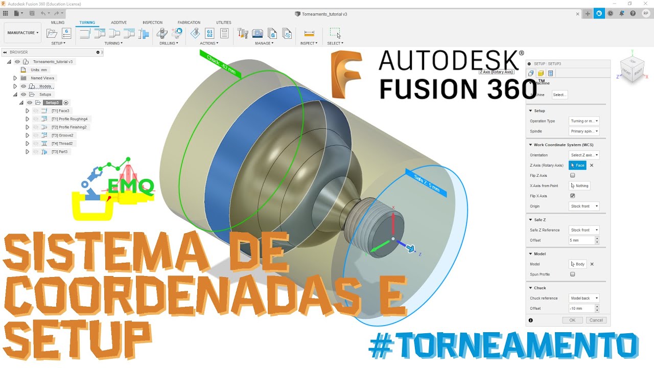 Torneamento CAM no Fusion 360: Sistema de coordenadas, Setup e biblioteca de ferramentas