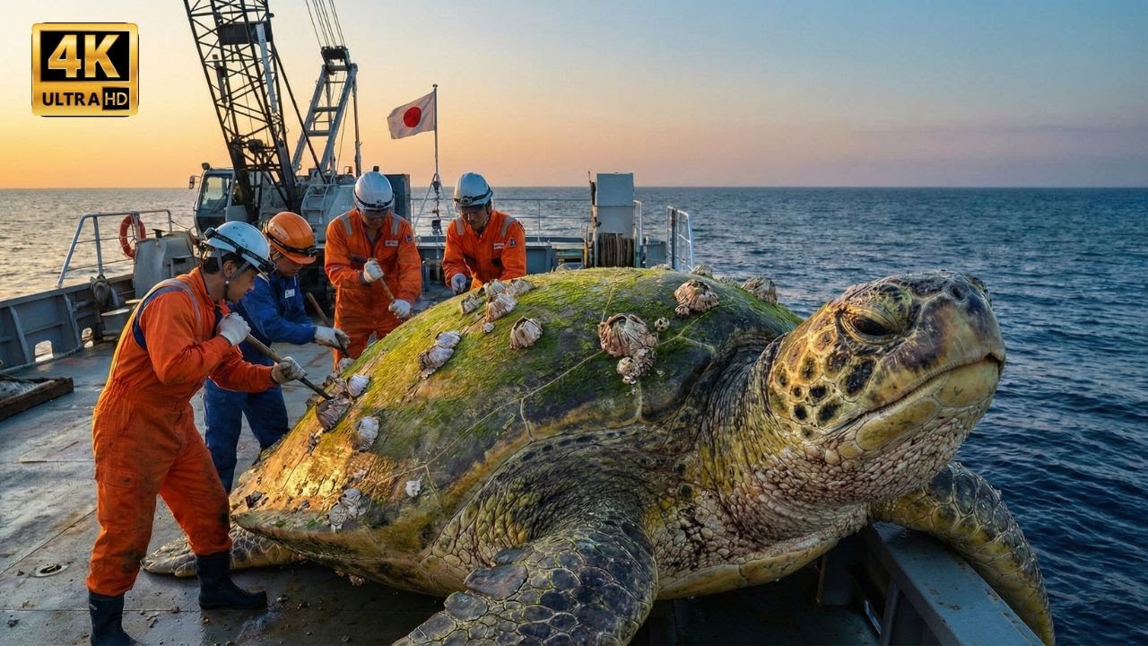 無数のフジツボを取り除き、網から巨大な海亀を救い出す。海の守護神と漁師たちの真実の物語