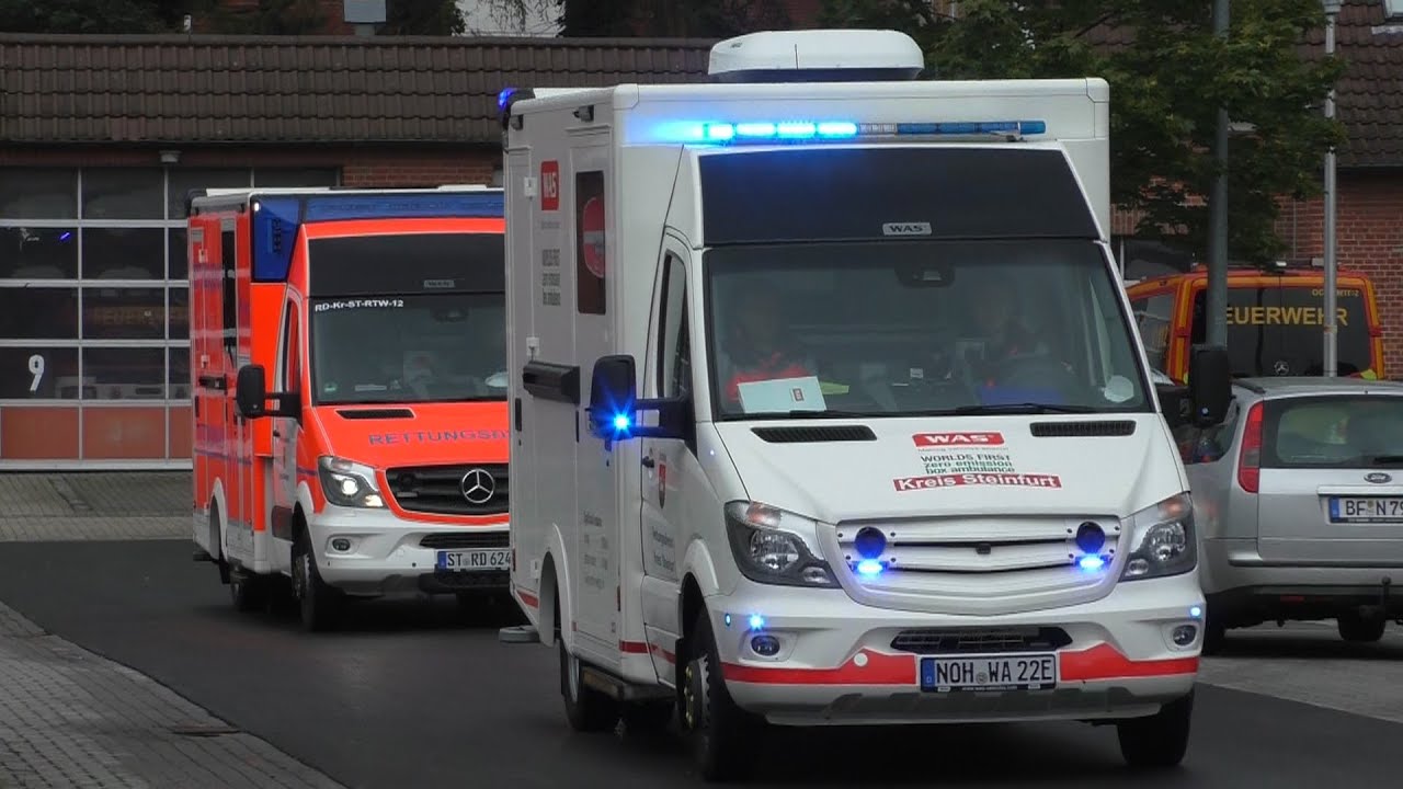 [Weltneuheit/ Test-E-RTW WAS] E-RTW und NEF Rettungsdienst und FuStW Polizei Ochtrup