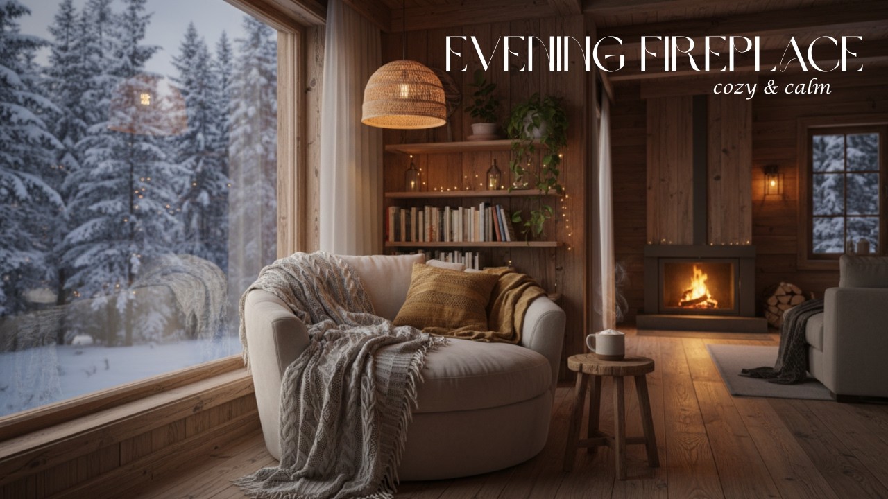 Cozy Fireplace Ambience with Snowy Mountain View - Relaxing Sleep & Study Music