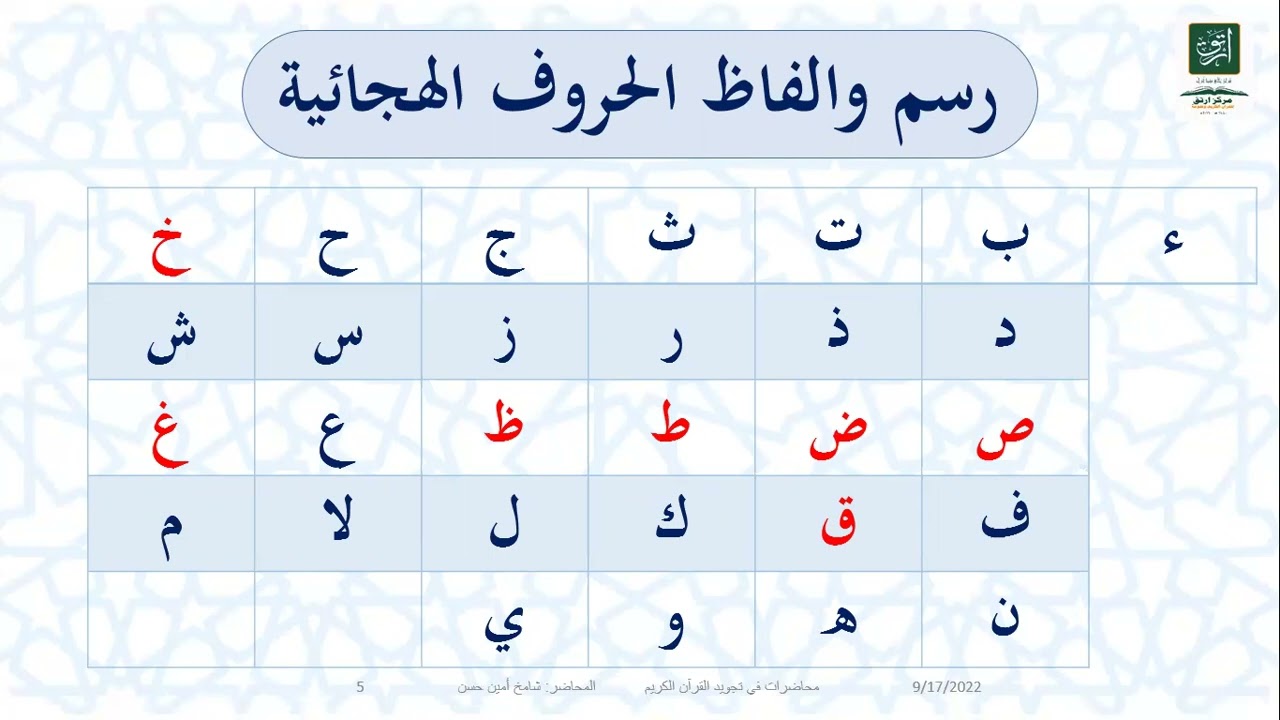المحاضرة (2) قواعد لتهجي القرأن الكريم-  أسماء وألفاظ الحروف والحروف مع الحركات الثلاثة