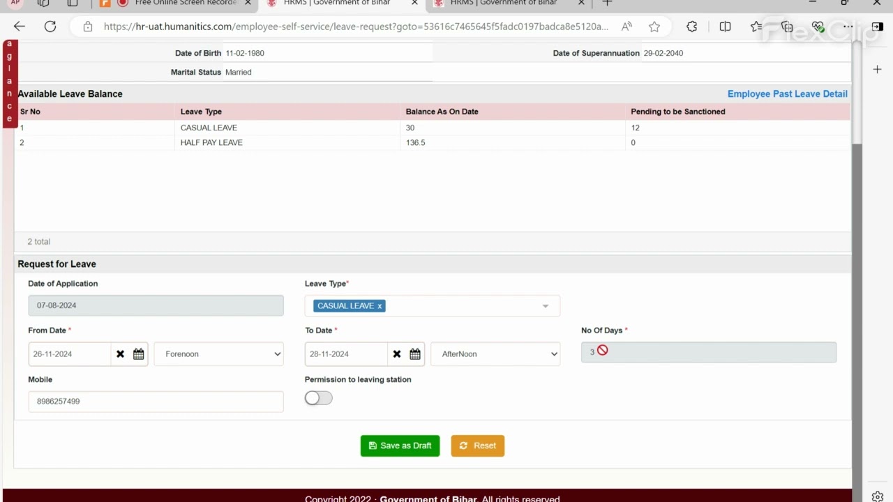 Bihar HRMS - LEAVE APPLICATION BY EMPLOYEE