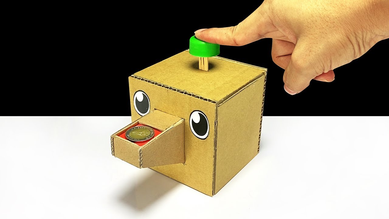 DIY Coin Bank Box from Cardboard [66] ออมสินกดเหรียญลงช่องข้างหน้า