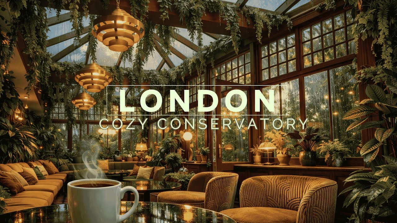 Cozy Rainy Café Ambience in London Conservatory | Coffee Shop Sounds for Relaxing