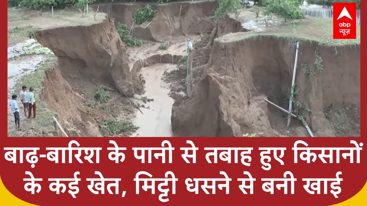 Rajasthan के सवाईमाधोपुर में बाढ़-बारिश के पानी से तबाह हुए किसानों के कई खेत, मिट्टी धसने से बनी खाई