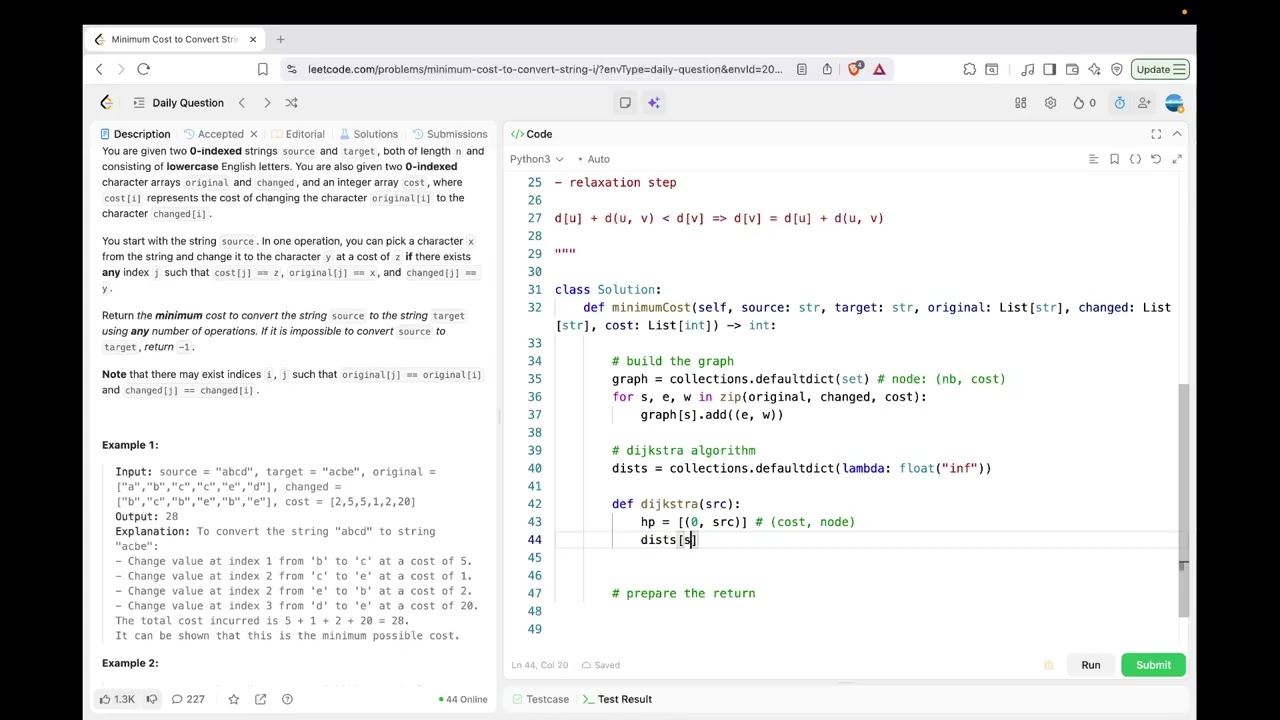 leetcode 2976  Minimum Cost to Convert String I | Dijkstra's Algorithm