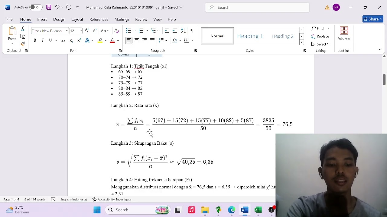 Perbandingan hasil Uji Normalitas (Chi-Kuadrat) dan aplikasi pendukung (Excel)