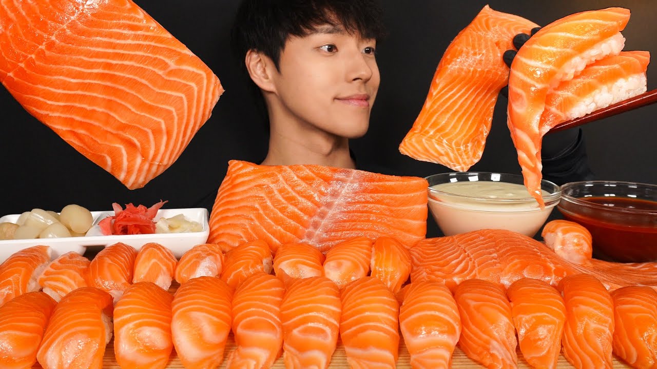 ASMR MUKBANG WHOLE SALMON SUSHI & SALMON SASHIMI