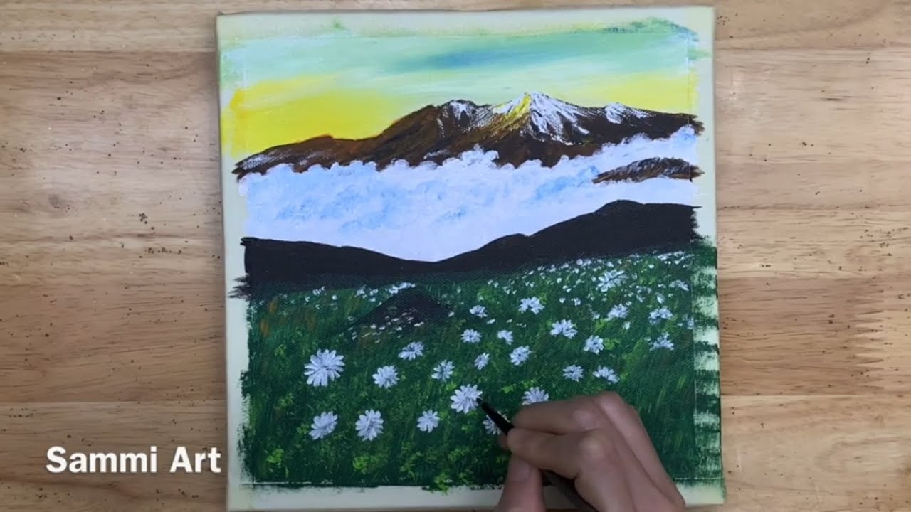 Daily challenge #77/Daisy field on high mountain / Acrylic painting/Easy Painting