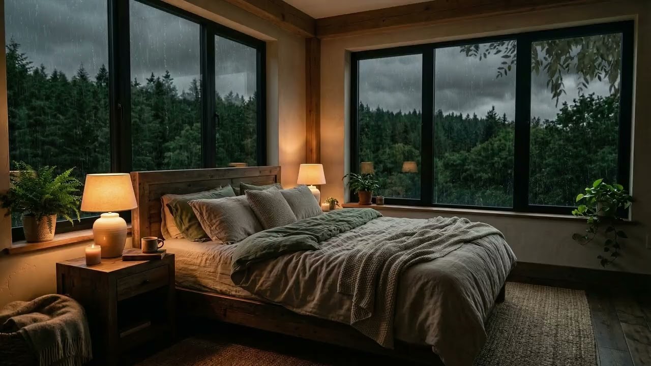 Quiet Rain 🌧️ Whispering Beyond The Bedroom Glass As Calm Forest Trees 🌳 Rest In Fog
