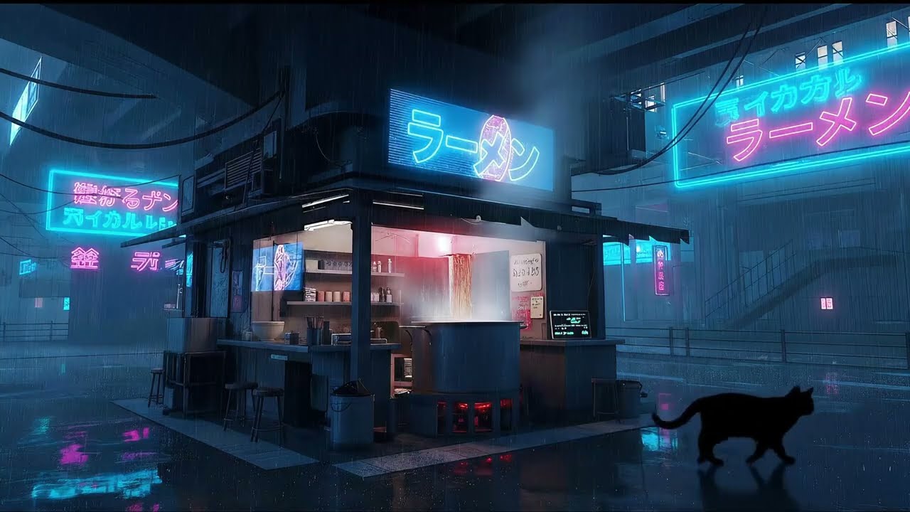 4K Cyberpunk Rain Ramen Shop Ambience | Chill Lo-Fi Music for Night Study, Relax & Deep Focus