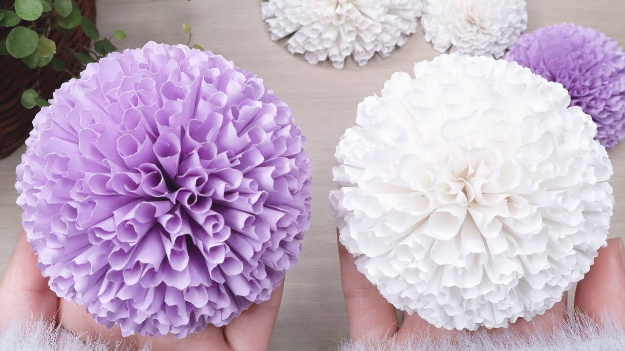 折り紙で作るふわふわな花の作り方｜壁面飾り｜ポンポンフラワーボール｜How to make pom pom  flower with paper｜AyaWangPaper