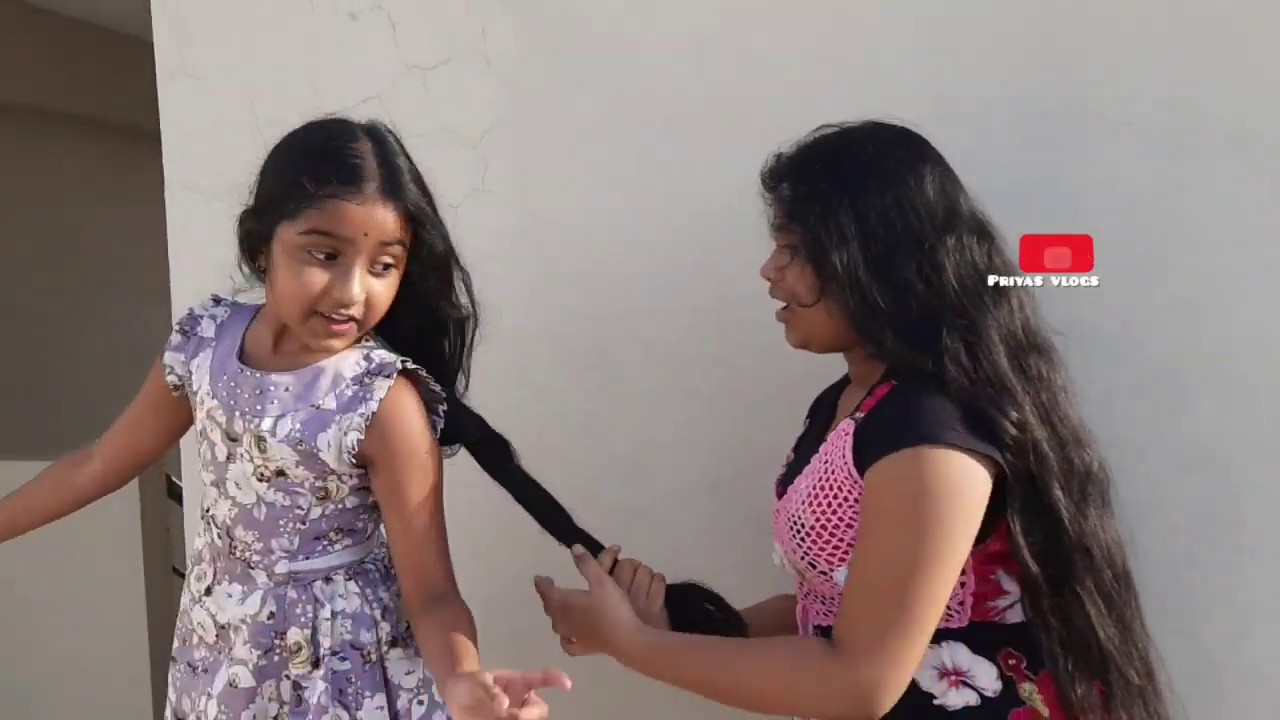 Two girls hair pulling|hair play with long hair|two sisters playing with long hair| with real sounds