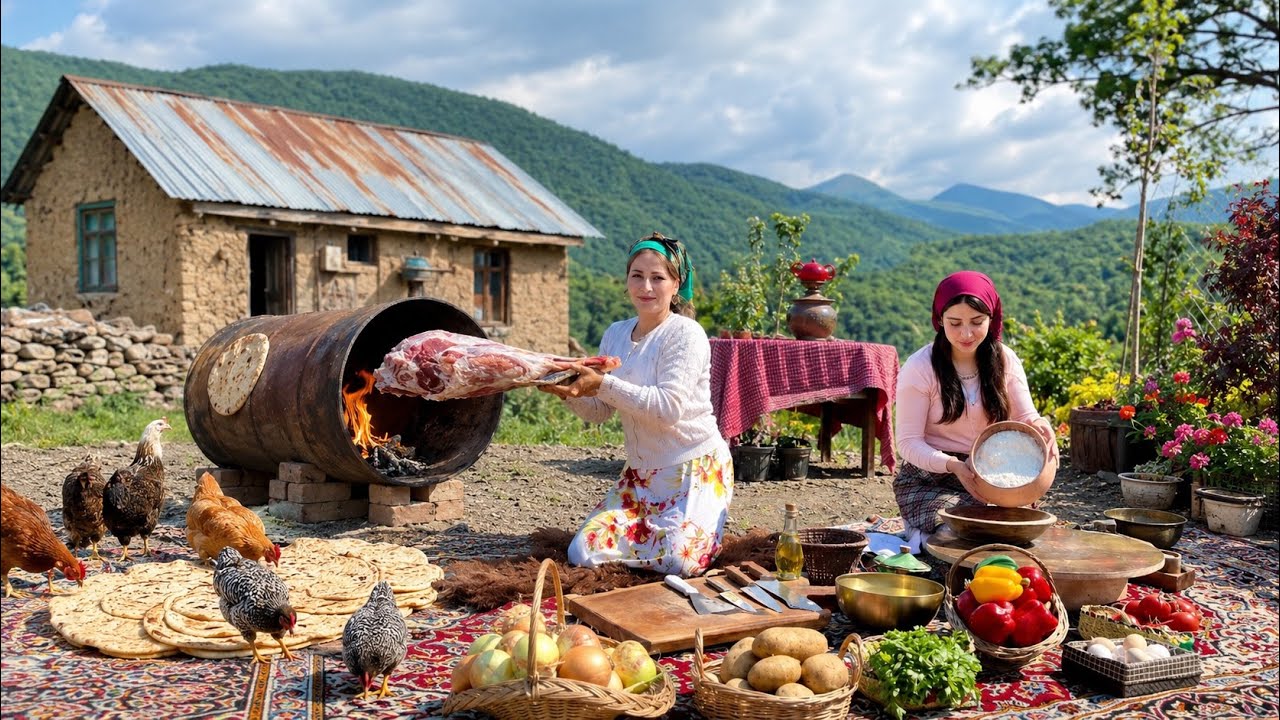 Village Life in Iran | Cooking Lamb Leg & Baking Bread Inside an Iron Barrel