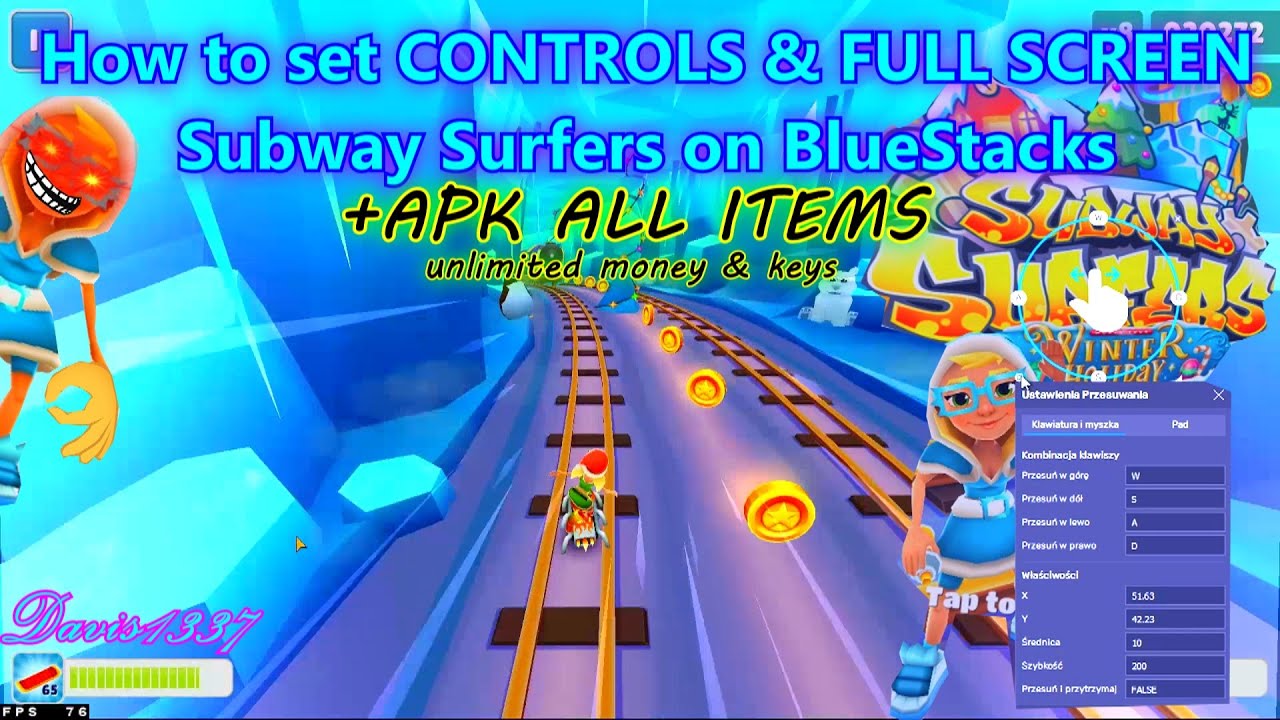 PC Subway Surfers on BLUESTACKS - FULL SCREEN & NO LAG controls settings + ALL ITEMS APK Descr.
