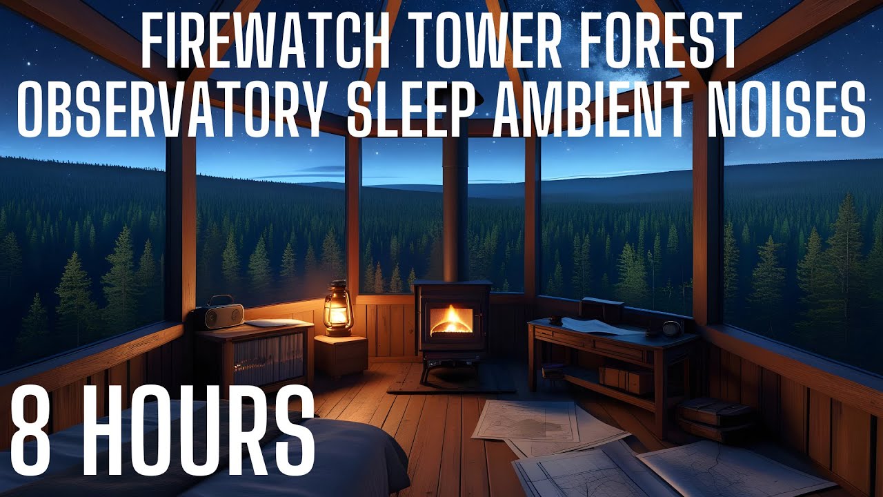 Escape to a Firewatch Tower | 8-Hour Cozy Cabin Ambience | Crackling Fire, Moonlight & Forest Sounds