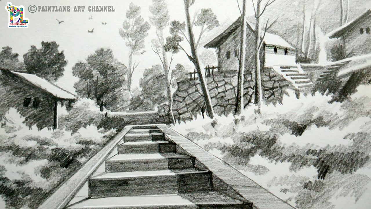 Scenery Village On Upland With Pencil For Beginners || PAINTLANE