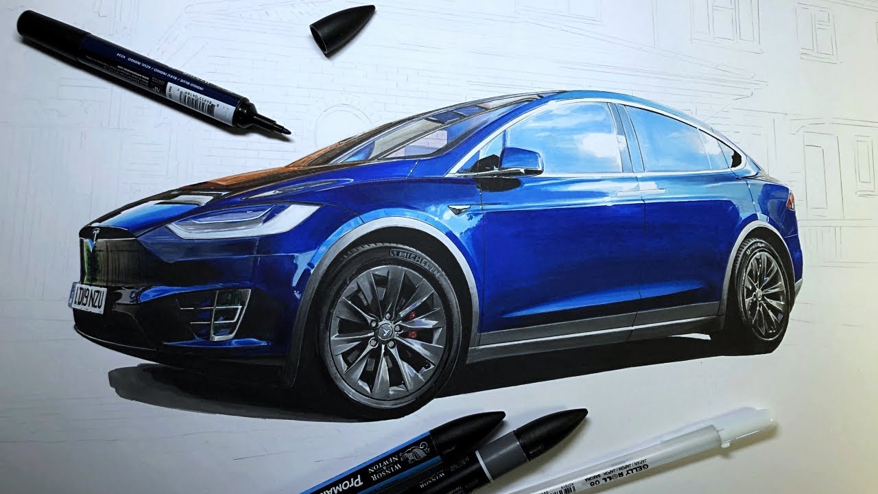 Drawing a Tesla Model X P100D with background (Part1)