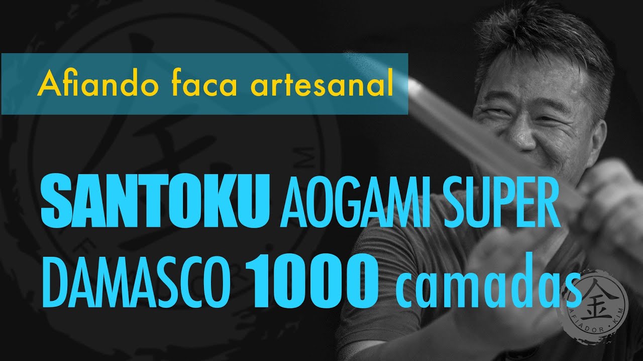 Afiando faca artesanal SANTOKU damasco com 1000 camadas e o aço carbono japonês AOGAMI SUPER 青紙スーパー
