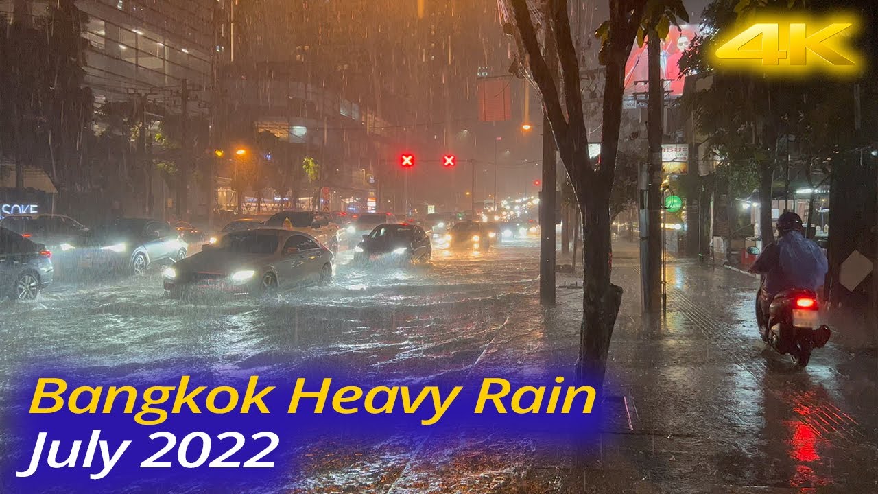 4K Thailand Walk - Heavy Rain Day | Night Thai Street Tour in Bangkok City, 20 July 2022