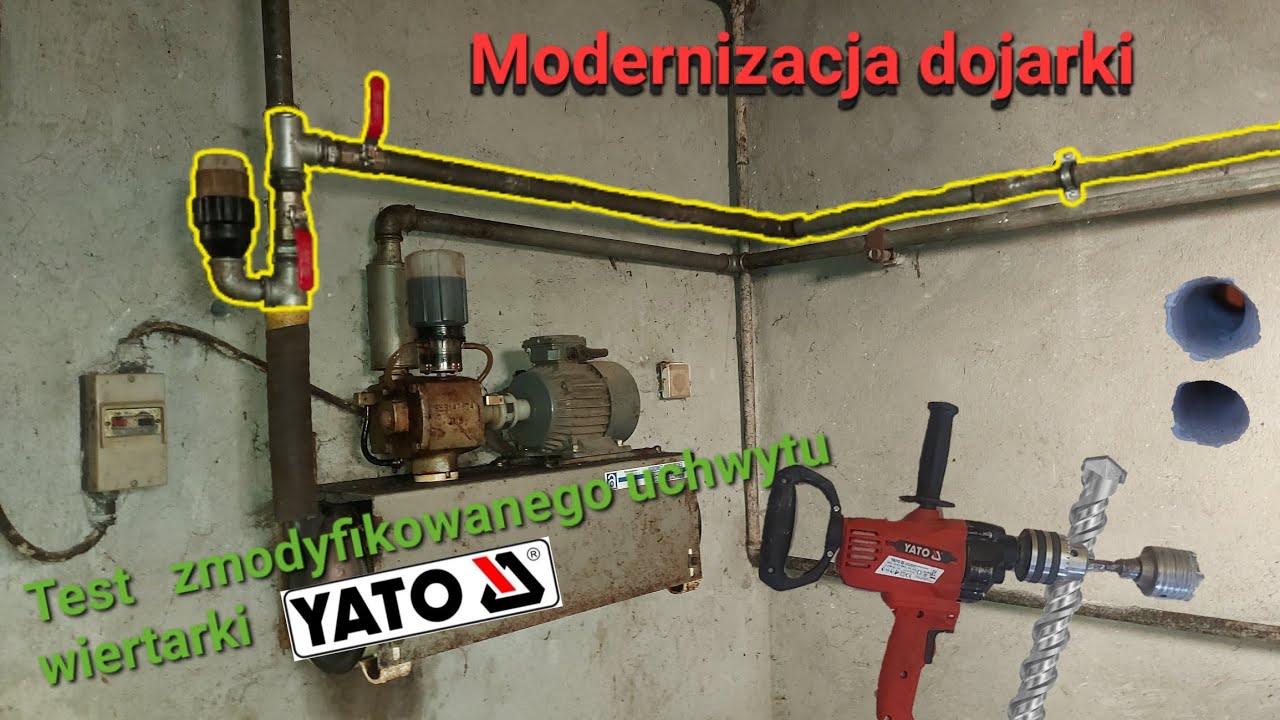 Modernizuje instalację podciśnieniową dojarki, test uchwytu wiertarki - czy połamałem ręce???