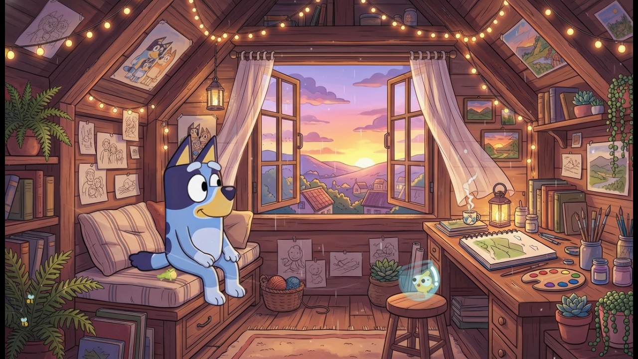 Bluey Relaxing in Her Cozy Attic Studio 🎨 Calming Lofi Beats for Relaxation 🌅 Pure Nostalgia