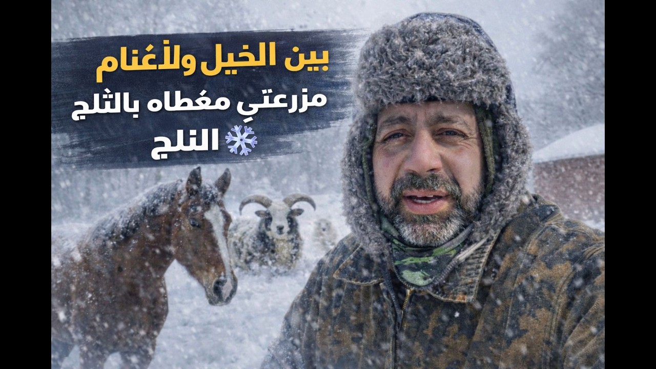 بين الخيل والأغنام… يوم مليء بالعمل في الثلج ❄️
