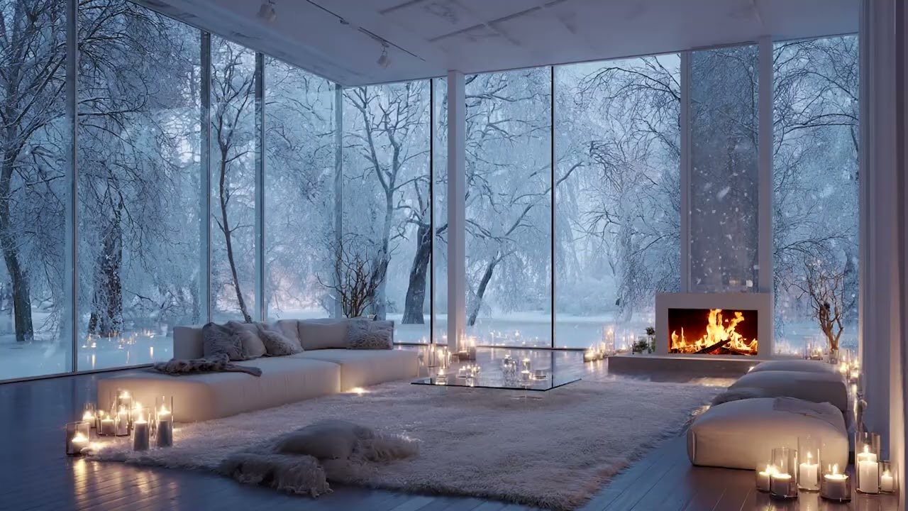 Cold Winter Wind Moving Through Falling Snow | Fireplace Sounds Filling a Quiet and Cozy Cabin Space