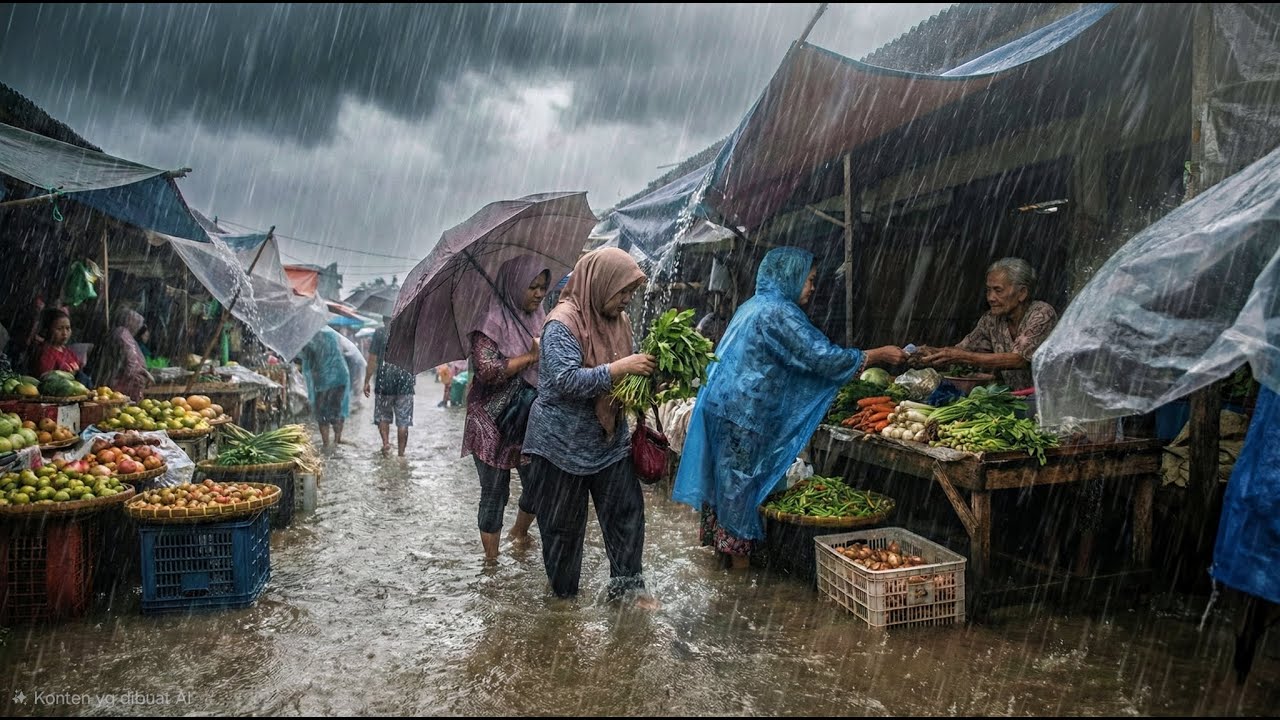 walking in the pouring rain at a traditional Indonesian market I trading activities continue
