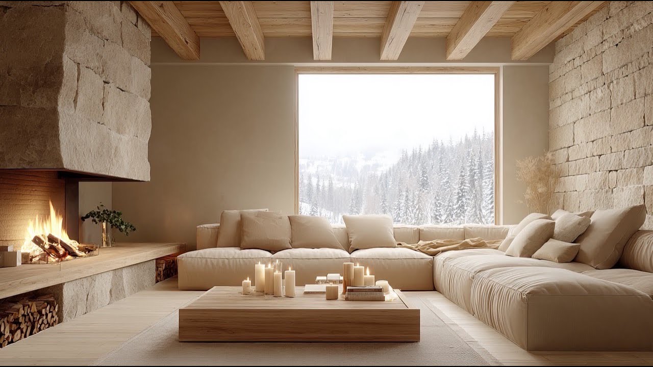 Cozy Fireplace Ambience ❄️ Japandi Winter Room & Snow View | Relaxing Luxury Interior (3 Hours)