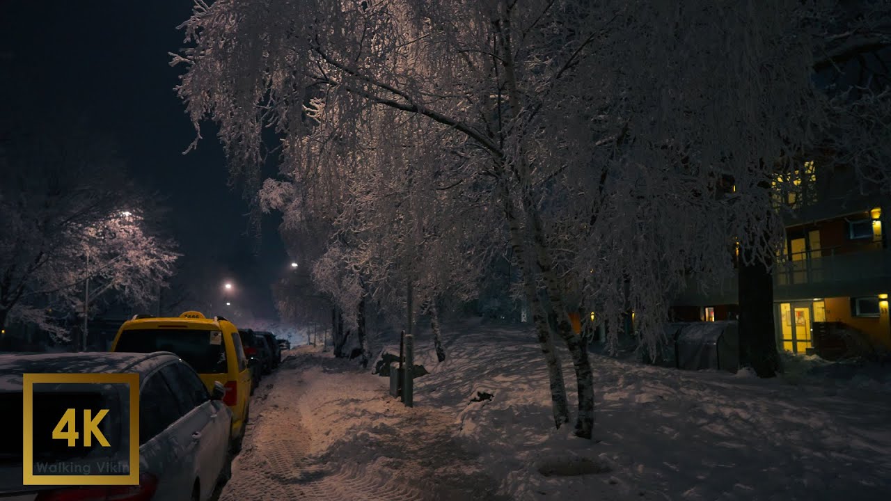 Snowy Night Walk // 4K HDR in Stockholm Suburb, Sweden, Binaural Sounds ASMR