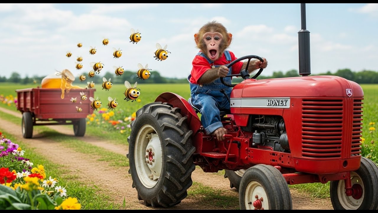 Tiny Monkey Gets Chased by Bees 🍌🐝 Tiny Monkey's Farm Adventure: Bees Love Bananas Too!