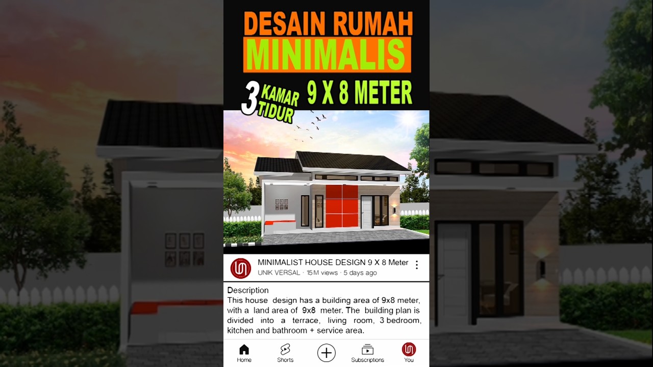 Desain rumah minimalis 9x8 meter dengan 3 kamar tidur, minimalis house design 3 bed room 