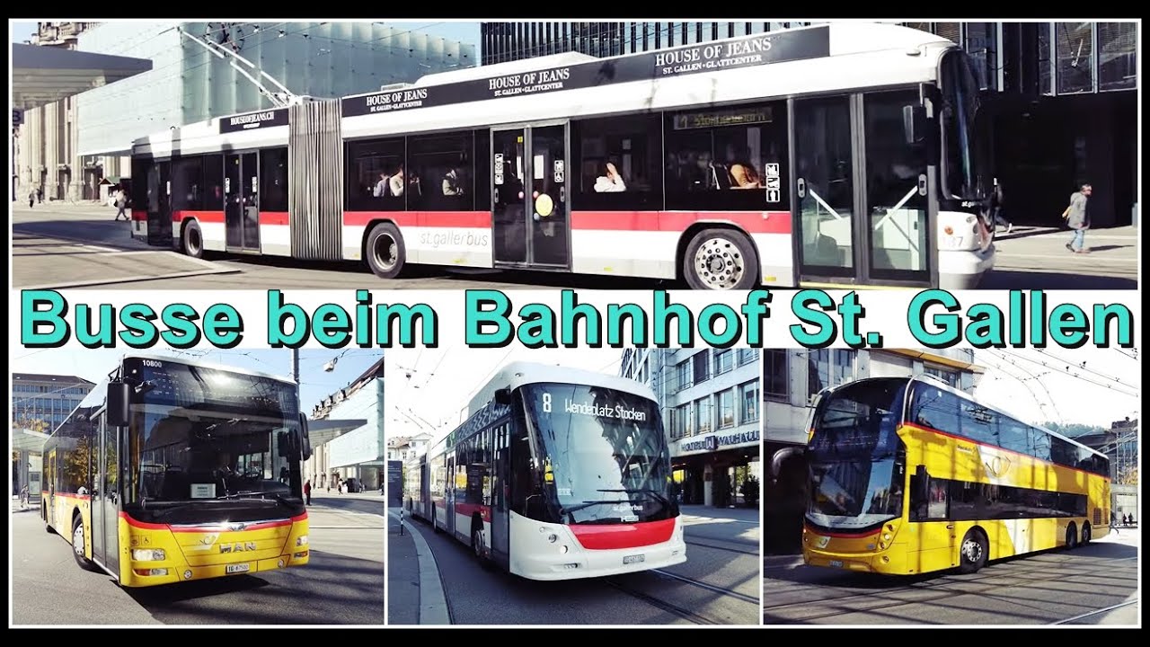 WOW!! Was für eine Busparade! Busse beim St.Gallen HB Bahnhofplatz, Kanton St.Gallen, Schweiz 2022