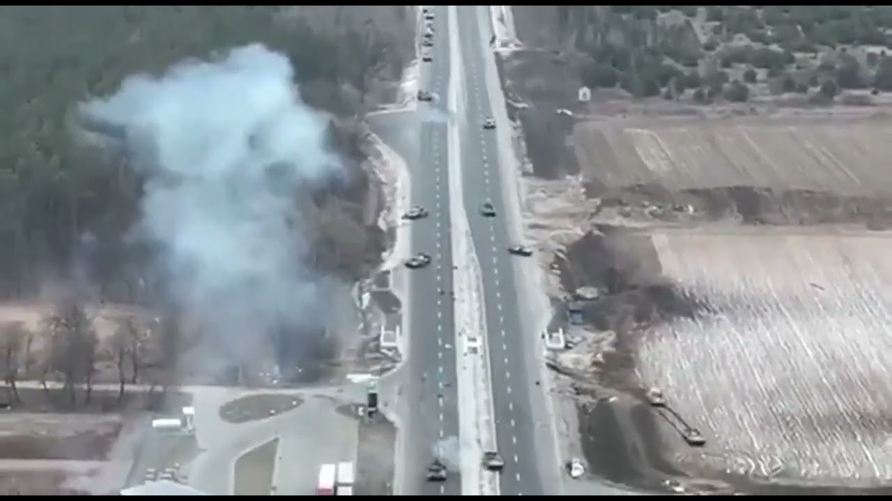 Drone footage ambush on Russian armored column near Kyiv, Ukraine - Invasion of Ukraine.