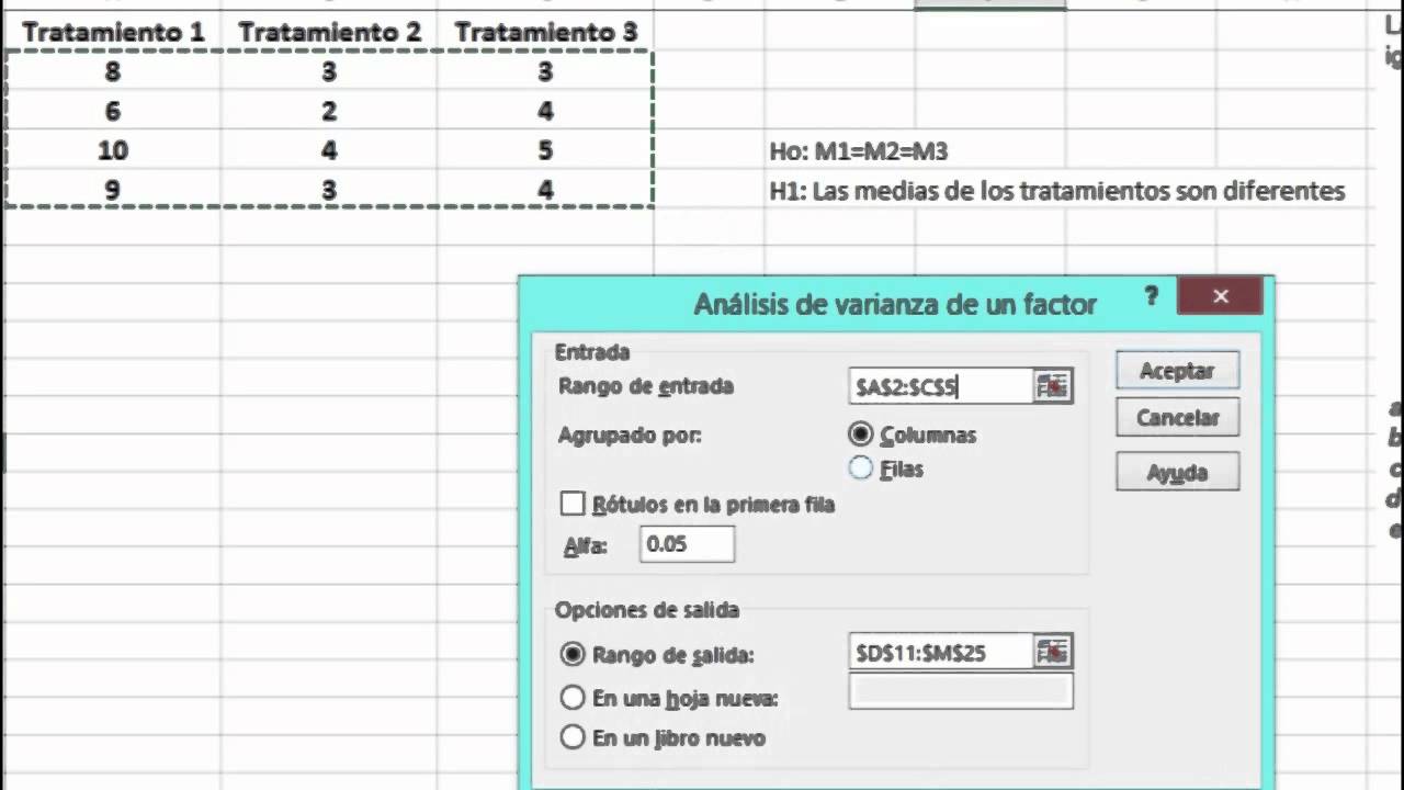 Configuración de una TABLA ANOVA en Excel