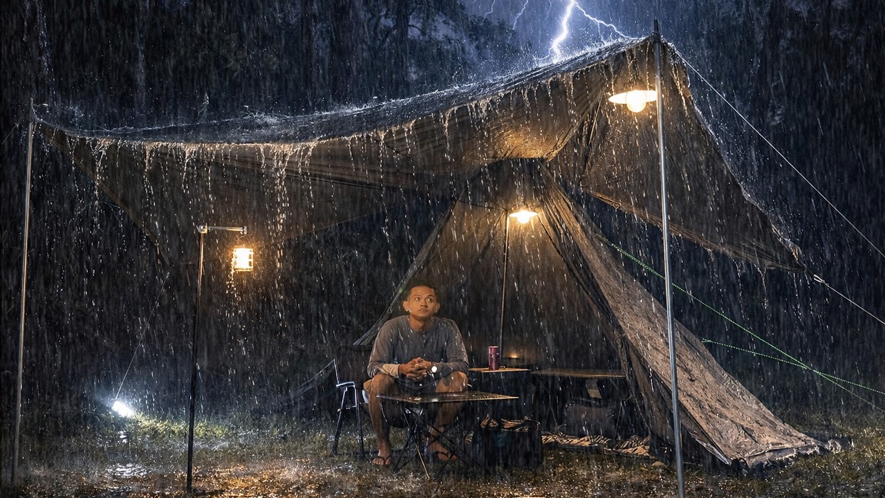 SUPER COZY‼️ SOLO CAMPING HEAVY RAIN AND THUNDERSTORMS - RELAXING CAMPING IN THE RAIN - ASMR
