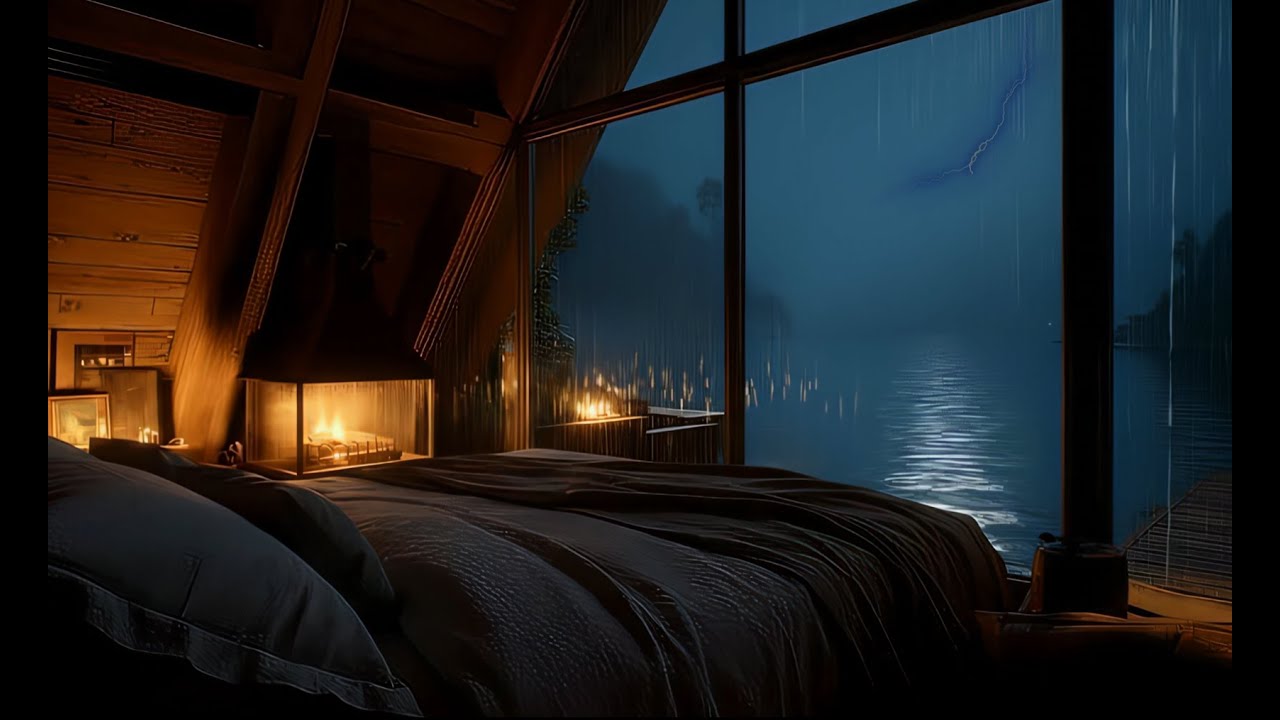 Relaxing Rain Washes Away Stress | Lakeside Cabin Fireplace for Deep Sleep 🌧️
