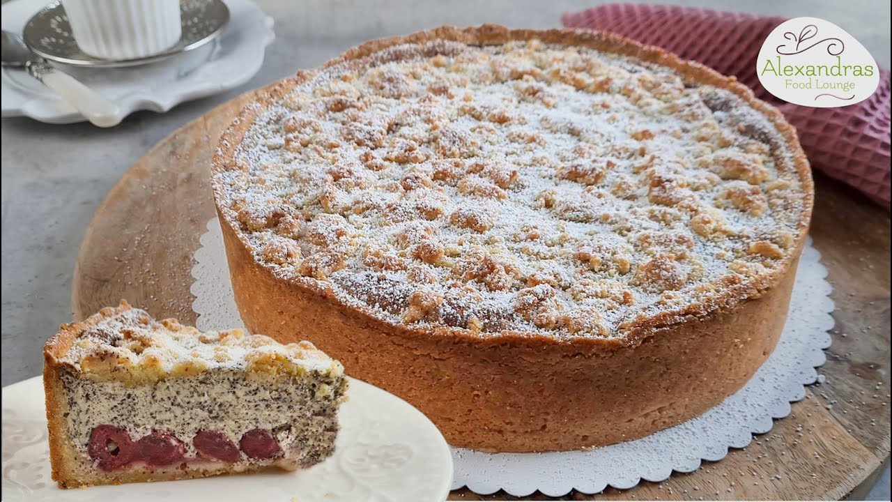 Mohnstreusel Kuchen mit Kirschen/ Super cremig und lecker #kuchen #backen #käsekuchen