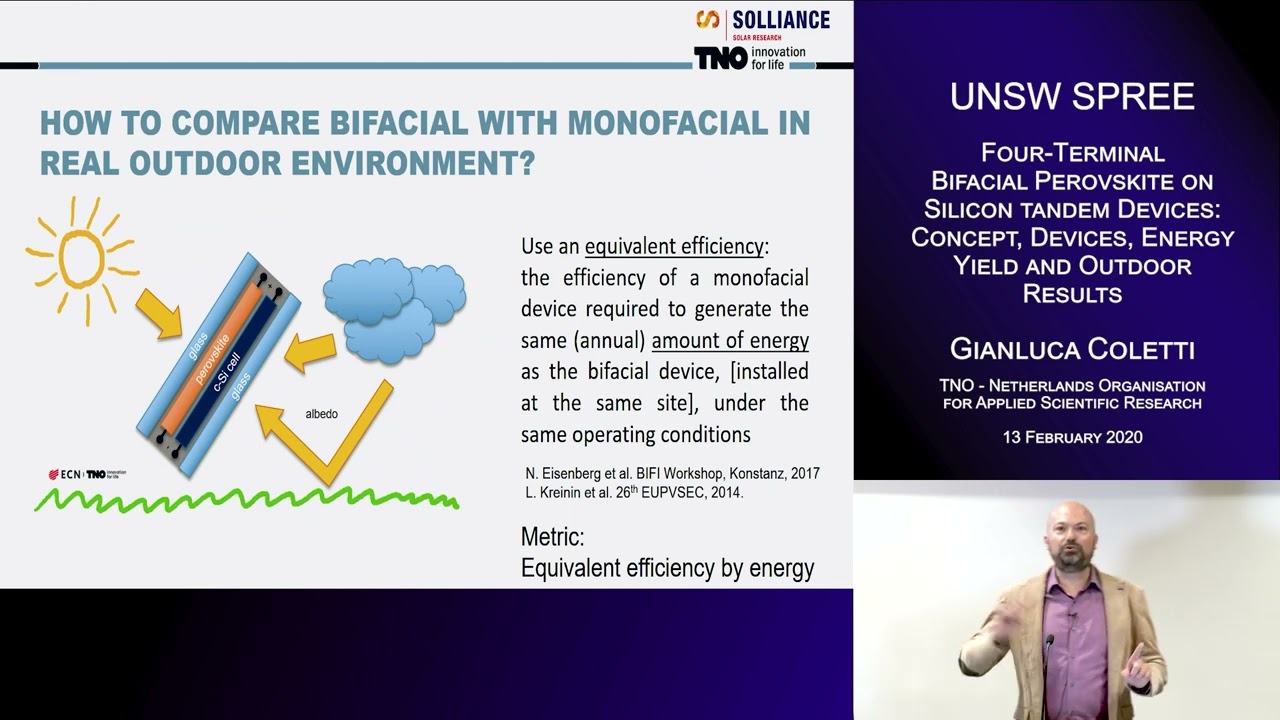UNSW SPREE 202002-13 Gianluca Coletti Four-terminal bifacial perovskite on silicon tandem devices